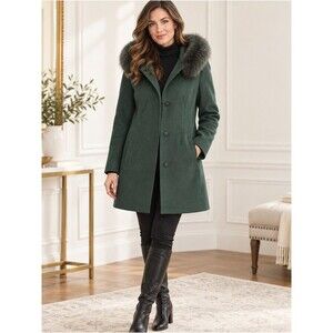 Sachi Collection Vintage Green Lambswool Coat Real Fur Trim Hood Size L